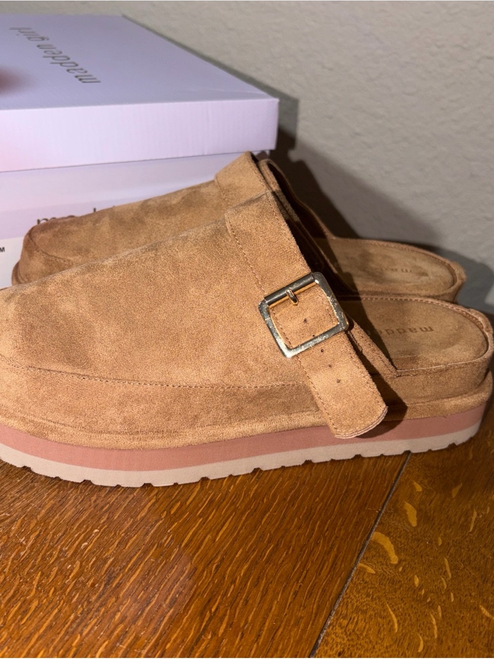 Madden Girl Tan Suede Slip-On Clog with Buckle - Picture 3 of 6